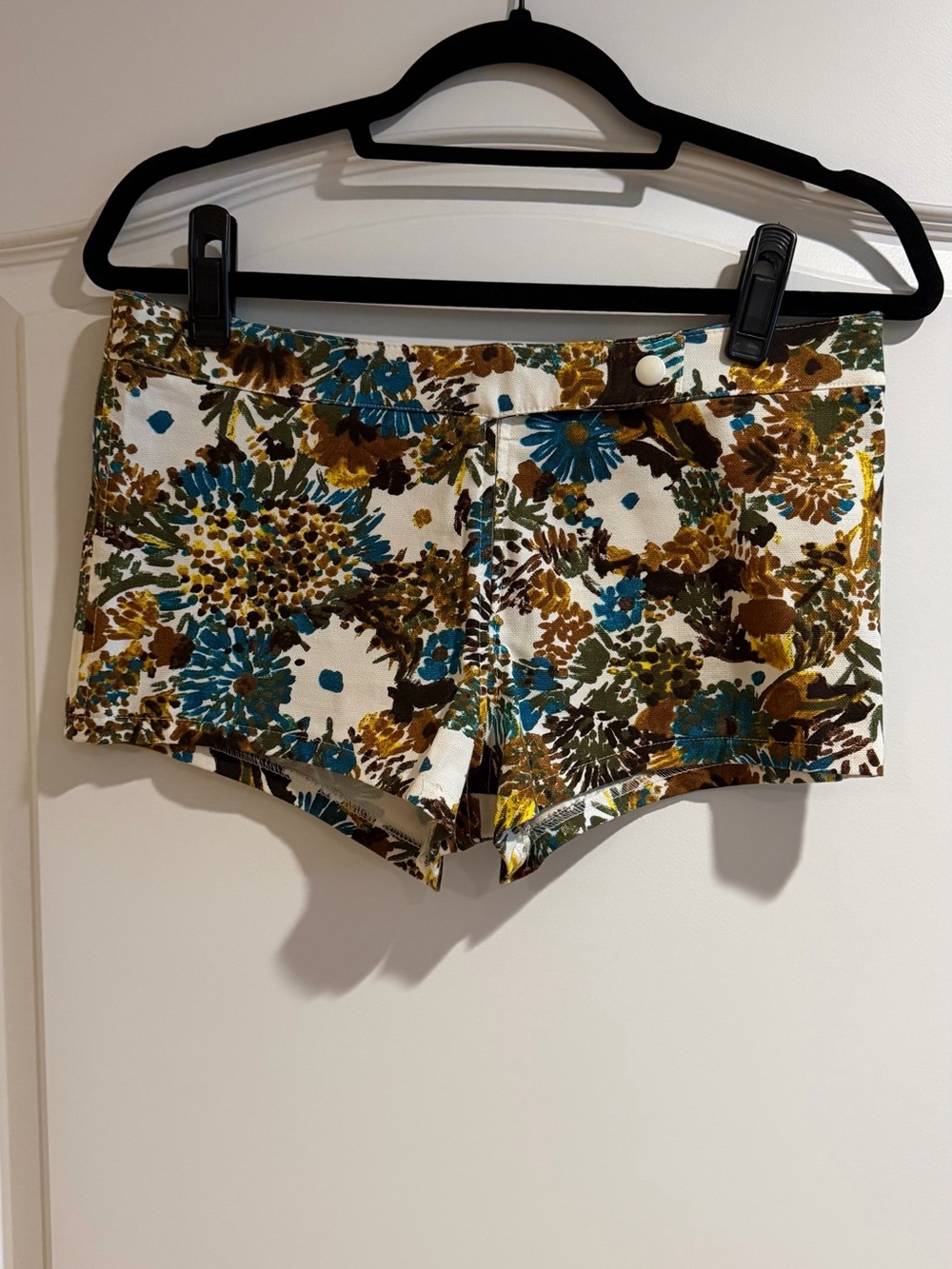 Floral Print Women's Jean Shorts in Cream, Teal & Brown